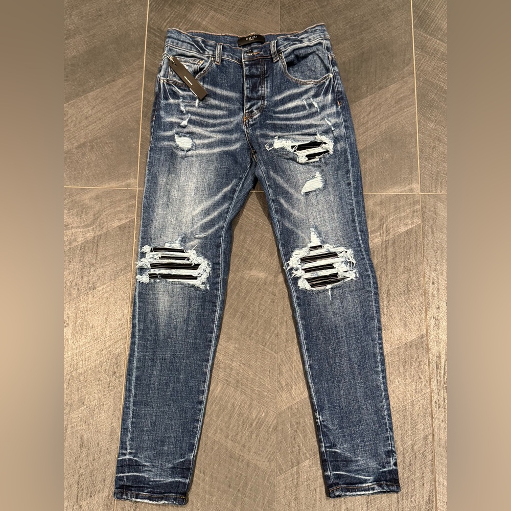 AMIRI Dark Blue Ripped Skinny Jeans
